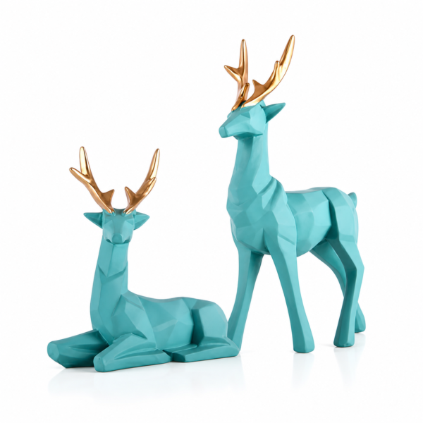 Abstract Art Deer Showpiece Set (2 Pcs) – Premium Blue Resin Decorative Figurines with Golden Antlers | Modern Art Deco Home & Office Decor | Tabletop, Shelf & Gift Item