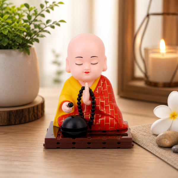 Solar Powered Sitting Buddha Statue with Moving Head & Hand – Mini Monk Idol for Car Dashboard, Home Décor & Office Table | Positive Energy Decorative Showpiece (Medium Size)